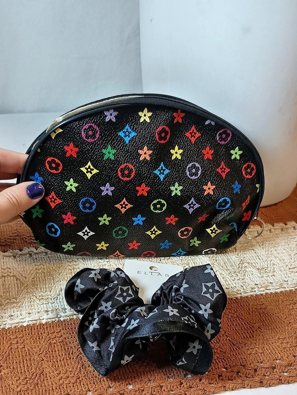 Women's Geometric Cosmetic Pouch in Black & Multicolor L